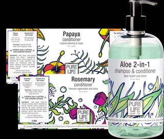 Pure Life papaya and rosemary conditioner labels and rendering of Aloe shampoo in new bottle