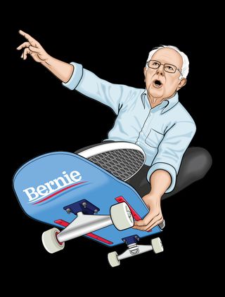 Bernie Shreds Gnarly Election graphic of Bernie Sanders on a skateboard