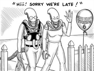 The xenomorph couple arrive at a birthday party with a white fence and a birthday balloon.