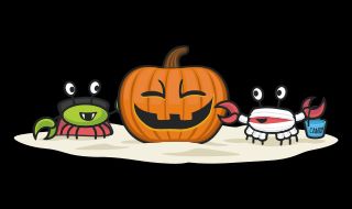 Illustration of Circle crabs dressed as Dracula and mummy next to carved pumpkin