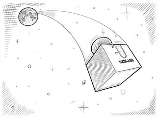 Space Dave's small cube apartment flies away from the moon and into outer space.