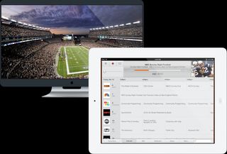 Rendering of Apple TV television set with NFL game playing and prototype of ipad controller UI