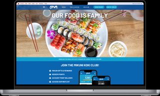 Mikuni sushi mobile app splash screen & menu screens, desktop homepage on macbook and head chef Taro