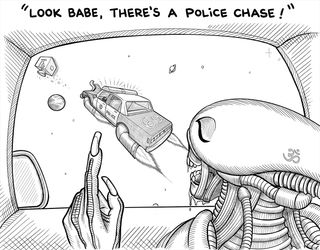 A xenomorph points out the police chase to her husband