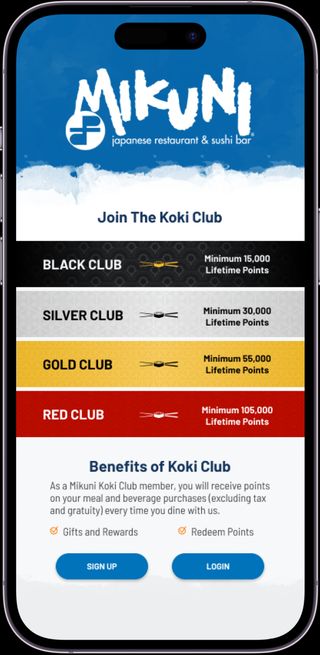 Mikuni Sushi mobile application sign-up screen with different Koki Club tiers