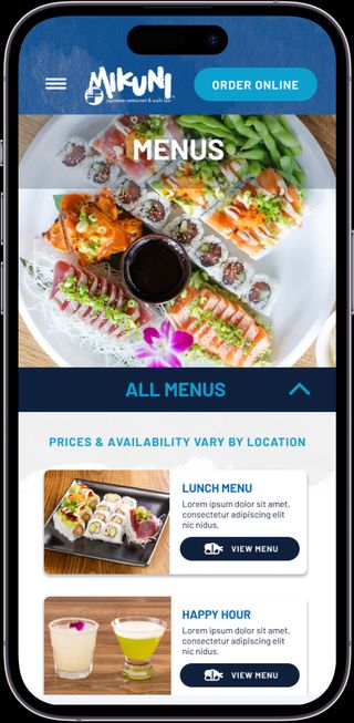 Mikuni Sushi mobile application menu screen