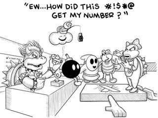 Wendy O Koopa partying with Bowser and other Mario characters while asking how Luigi got her number