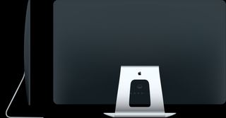 Side and rear views of Apple TV television set with stand product rendering