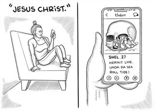 A young woman says "Jesus Christ" out loud while seeing a Tinder profile of the hermit crab sitting in a skull.