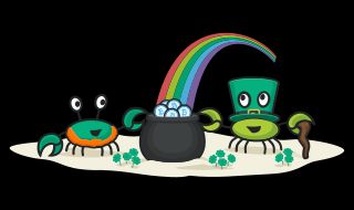 Illustration of Circle crabs dressed up for St Patricks Day with a rainbow and a pot of bitcoin