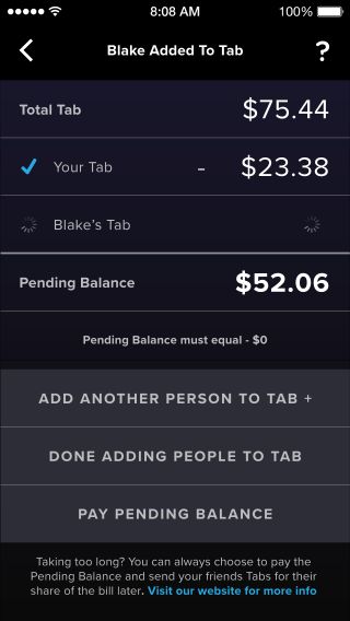 Bar Tab application added friend to tab confirmation screen