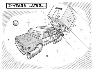 Space Dave's apartment cube collides with a parked space cop car 2-years later.