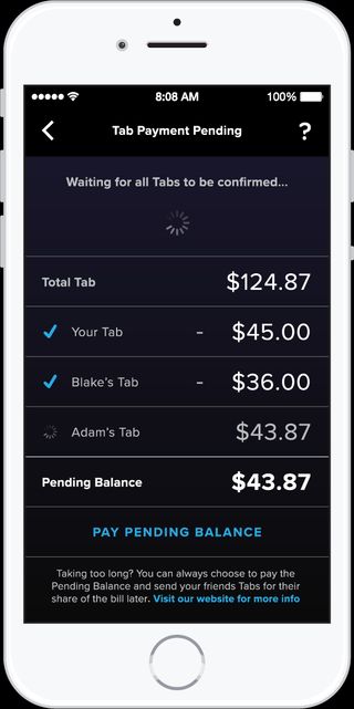 Remaining payments pending screen for the Bar Tab application