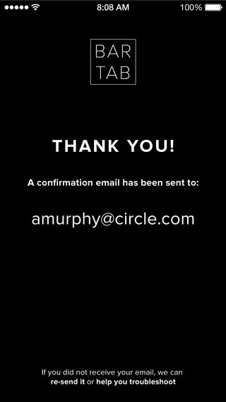 Bar Tab application sign-up confirmation screen