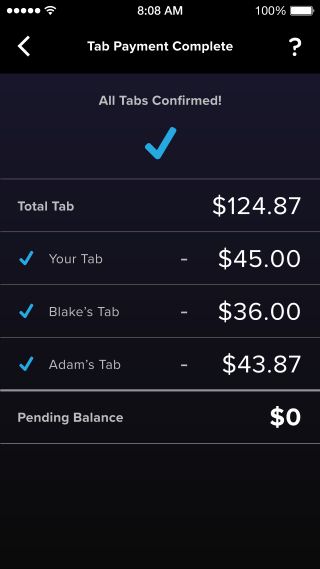 Bar Tab application group payments complete screen