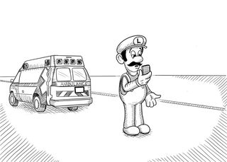 Luigi looks at his phone disappointed as an ambulance drives away.