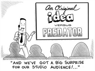 The Ideas Man presenting "An Original Idea vs Predator" movie poster and announcing prizes for audience