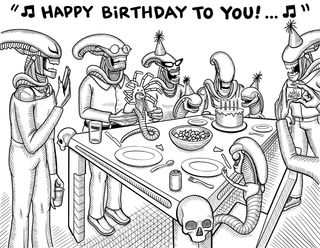 A group of xenomorphs and chestbursters sing happy birthday around a table.