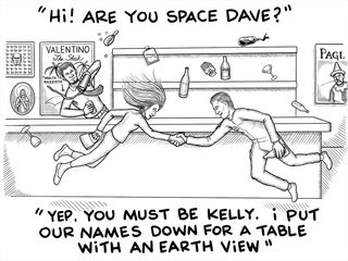 A couple introduces themselves at a bar in zero gravity.