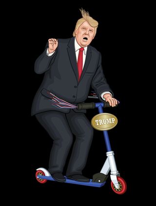 Trump Scoots Gnarly Electrion graphic of Donald Trump on a scooter