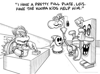 Bowser saying he is busy while really partying with Mario World characters