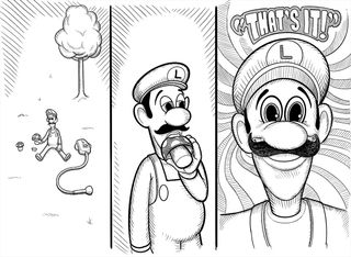 Luigi eating a magic mushroom and having an epiphany