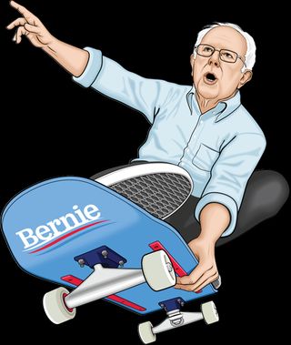 Bernie Shreds graphic of Bernie Sanders on a skateboard