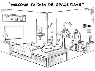 Space Dave shows off his small sad cube apartment on the moon.