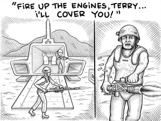 The marine tells terry to fire up the engine while offering cover fire.