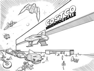 Terry and the cat walk into Space Costco from the parking lot filled with space ships.