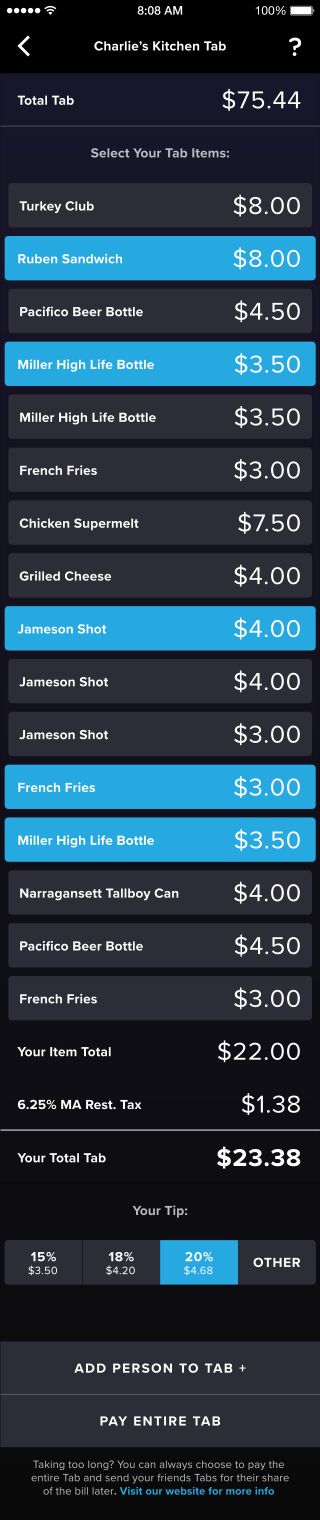 Bar Tab application select tab items screen