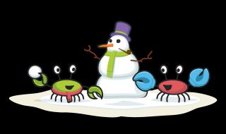 Illustration of Circle crabs throwing snowballs next to snowman