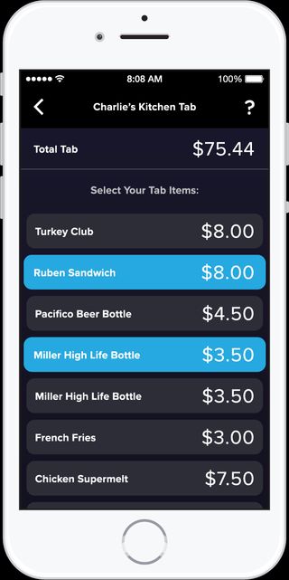 Restaurant tab item select screen for the Bar Tab application