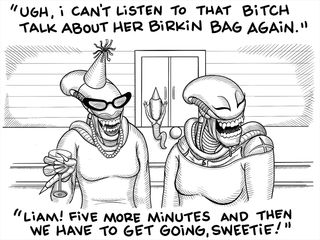 One xenomorph complains that she can't listen to the queen brag about her bag. The other xenomorph says she will leave.