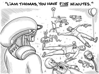 The mom xenomorph reiterates that the child has 5 minutes left to play while facehuggers and other aliens prey on humans