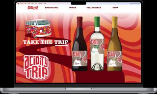 Acidity Trip wine label desktop website home page design on macbook, wine detail page on iphone 14 and map.