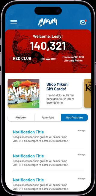 Mikuni Sushi mobile application member dashboard screen