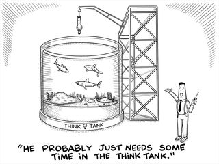 The Ideas Man showing a hostage being dangled over a shark tank called the Think Tank