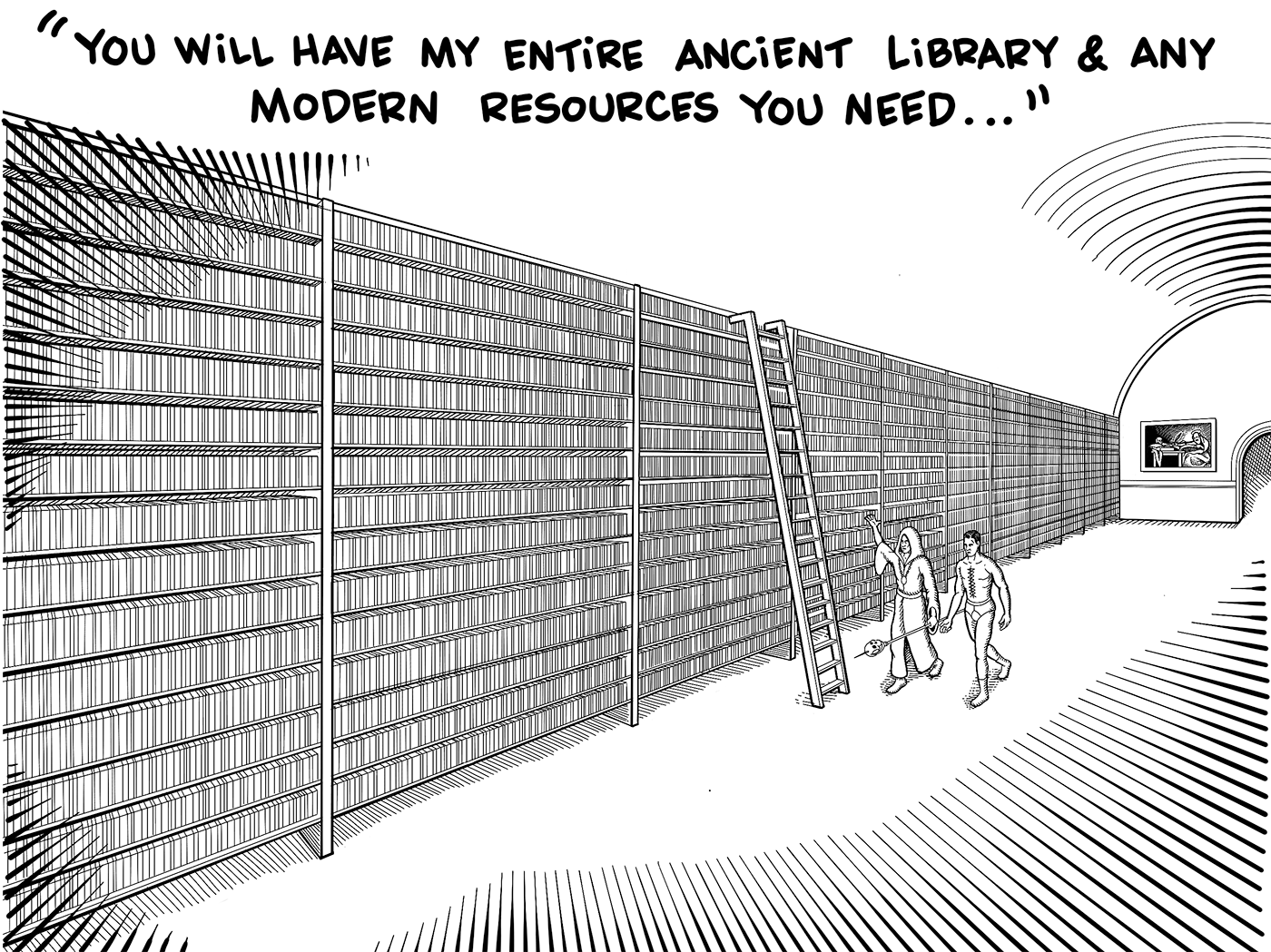 The pair walk past vase bookcases as the necromancer continues "You will have my entire ancient library & any modern resources you need..."
