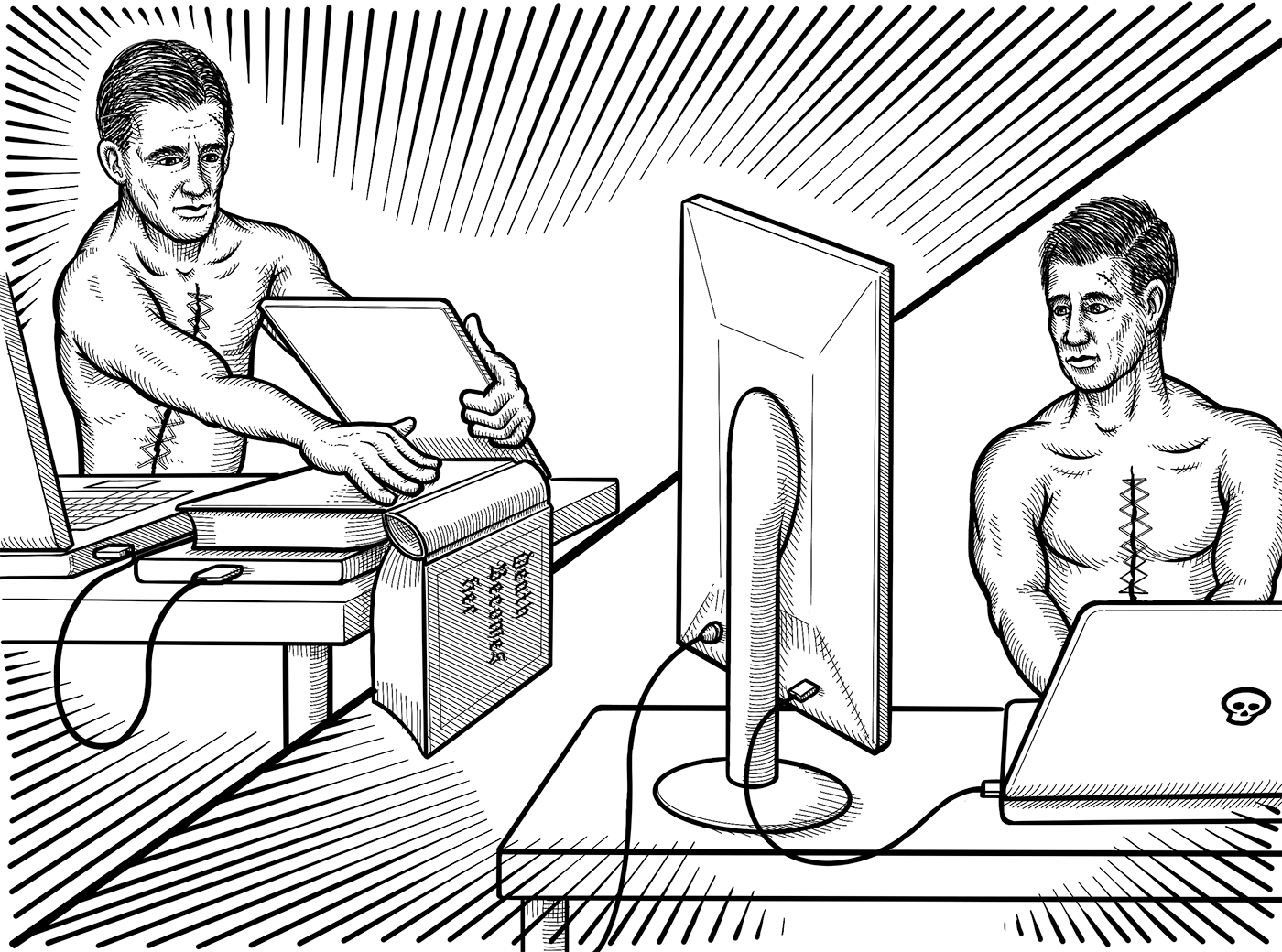 The resurrected man scans an ancient text into a laptop and is later seen coding using an second monitor.