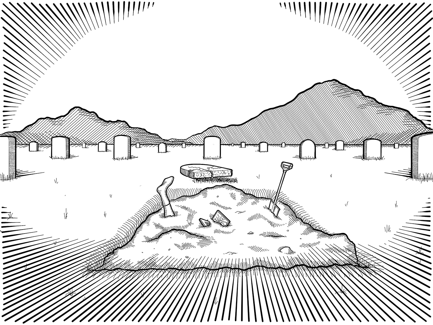 The resurrected man's leg protrudes from the loose dirt of his refilled grave with a smashed laptop half buried with him.