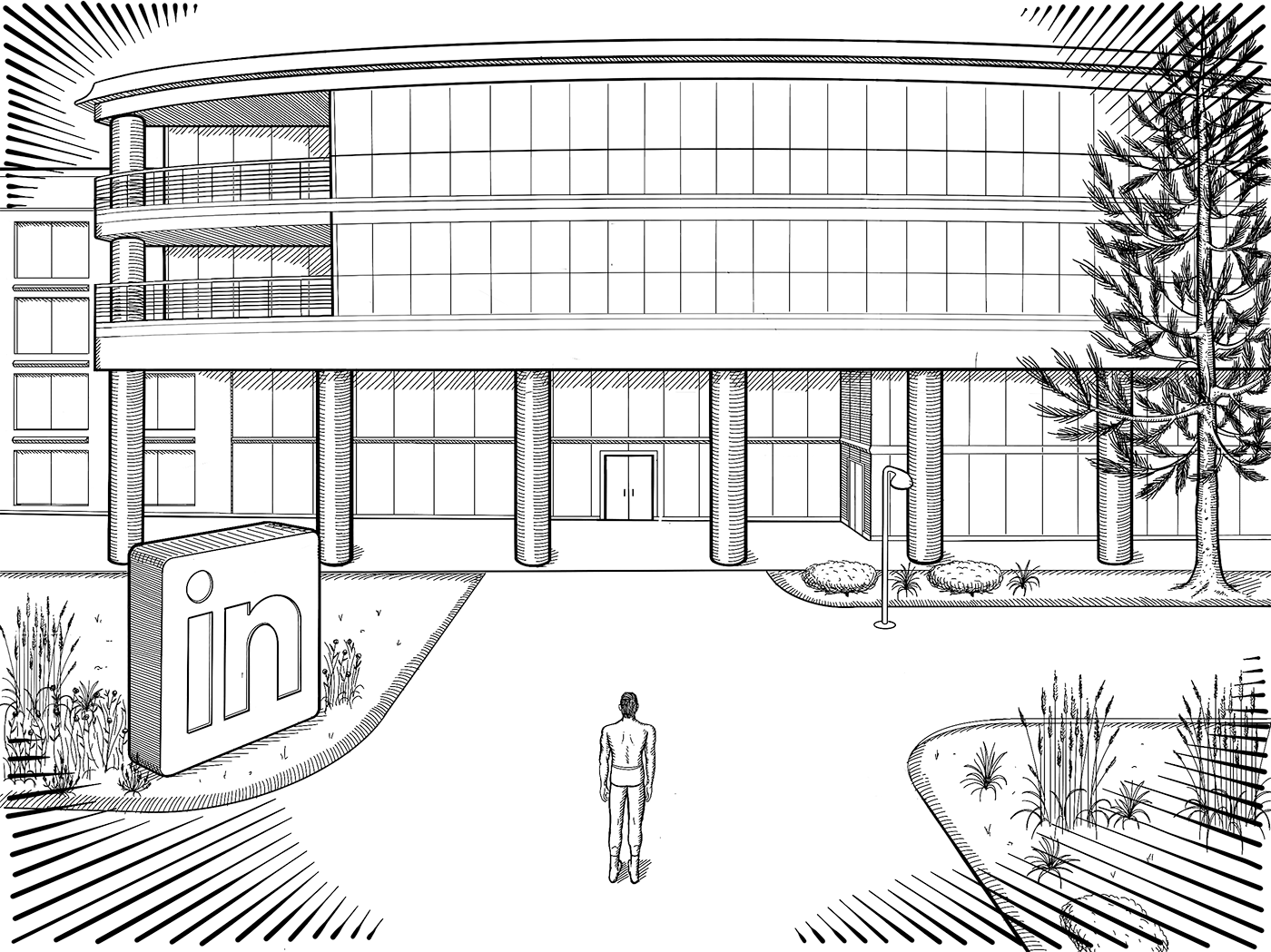 The resurrected man approaches the LinkedIn headquarters building in his underwear.