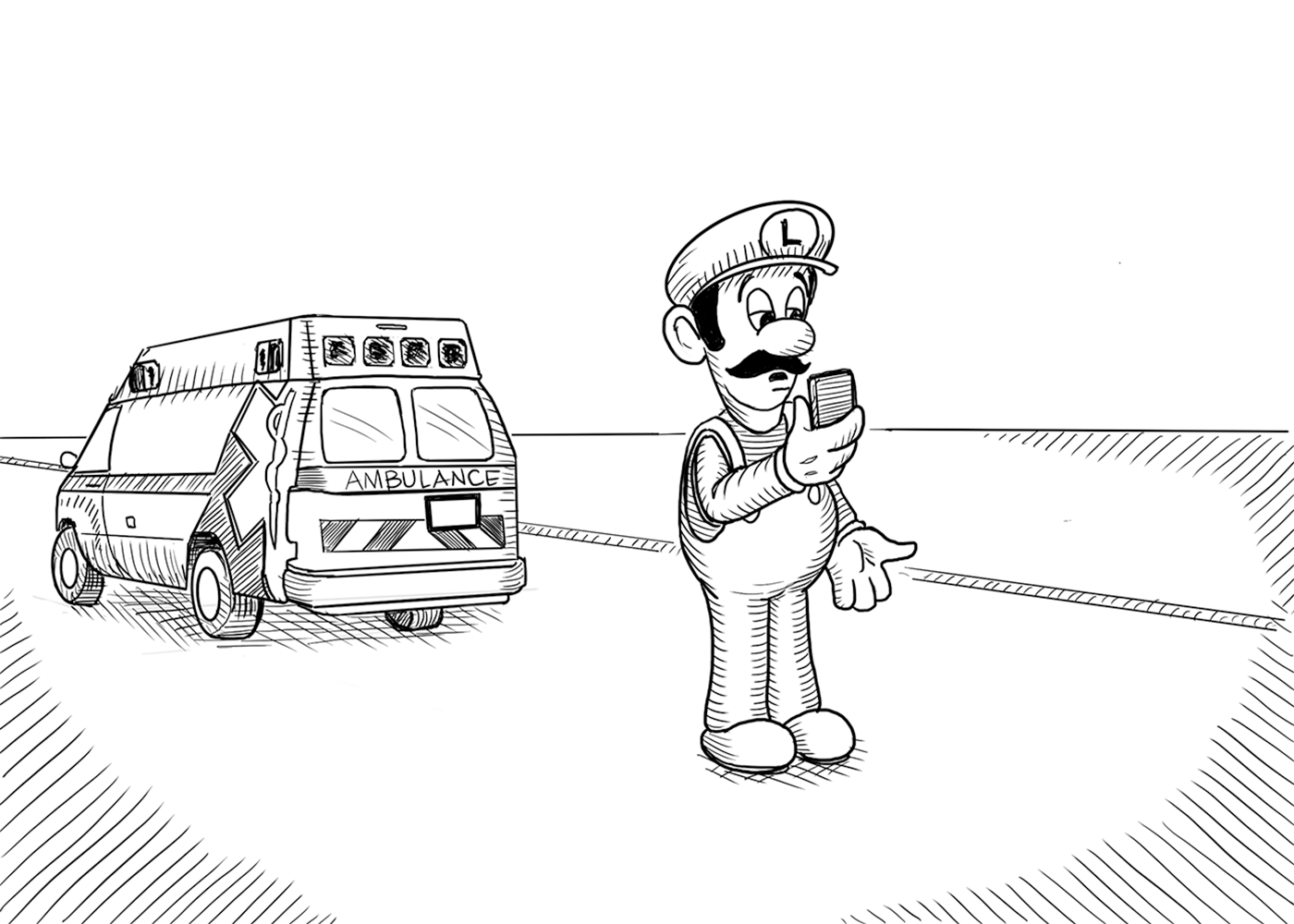 Luigi looks at his phone disappointed as an ambulance drives away.