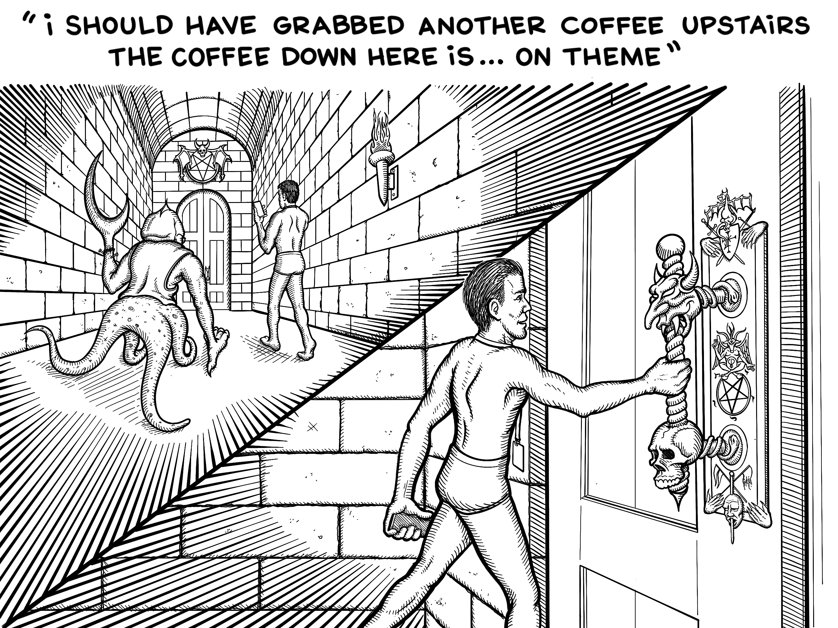 After entering the glass entrance way, Aaron and the C.O.O. walk down a narrow stone hallway towards a large wooden doubledoor with a circle pentagram and demon emblem hung above it. In a split screen, Aaron pulls on the ornate double door handle with skulls impaled on the spike shaped handle. Snakes coil around the handle connectors to a plate covered in demonic symbols and totems.