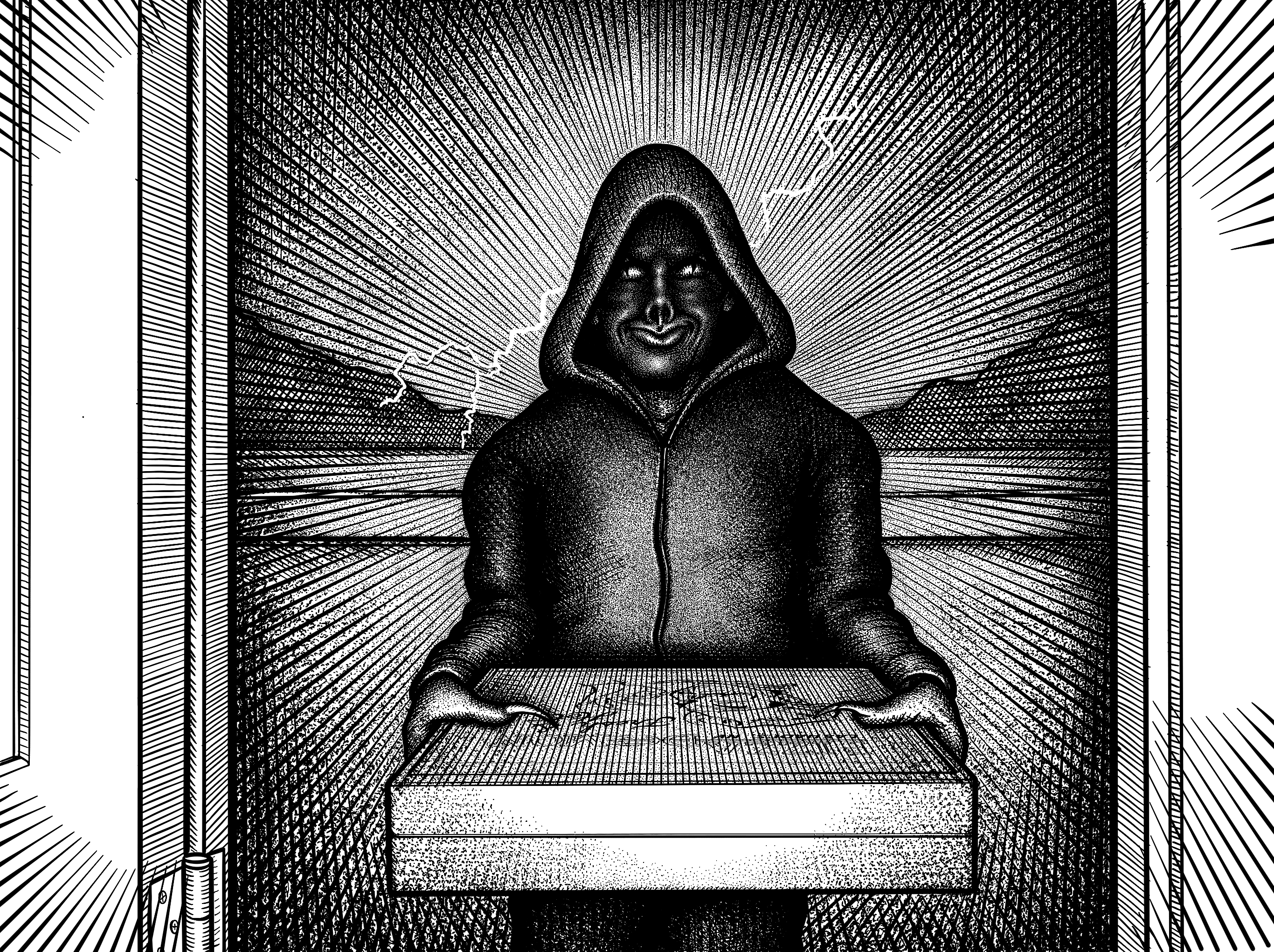 A mysterious hooded demonesque creature stands in the dark open doorway. Mountains are visible in on the horizon. Holds two wide and short square boxes in his claws.