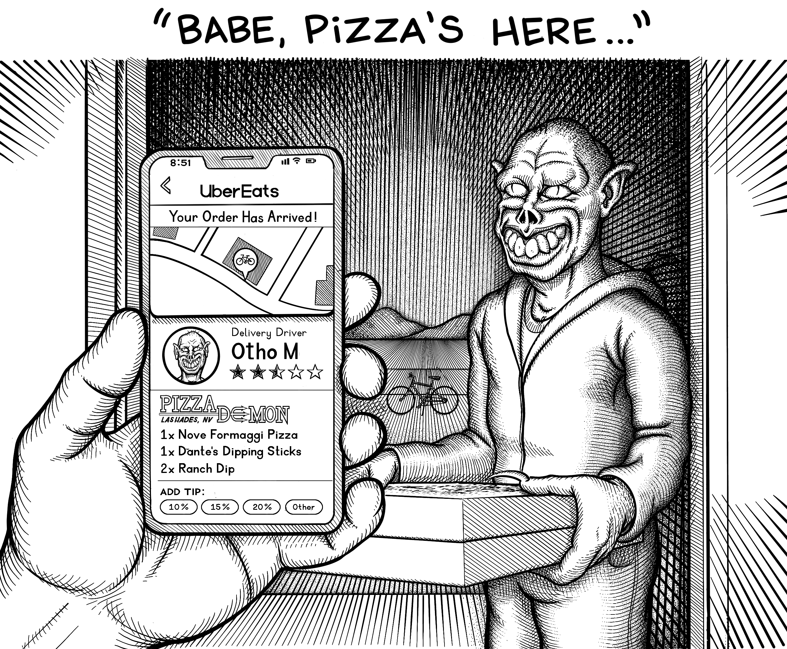 The man steps forward into the light holding two pizza boxes to reveal that he is Otho M, from the LumpedIn presentation. A hand holds a phone indicating that Otho M is delivering an Uber Eats order.