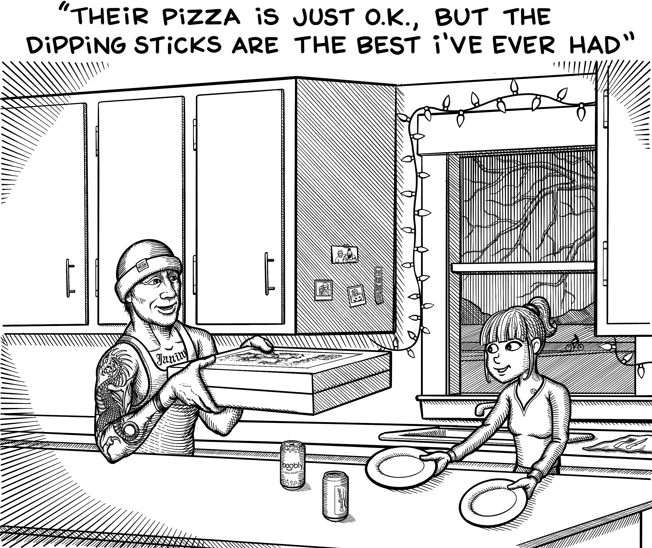 A tattooed man in a beanie holding two pizza boxes smiles as he walks into the kitchen towards his partner who's laying out two plates. The man says, "Their pizza is just ok, but the dipping sticks are the best I've ever had."