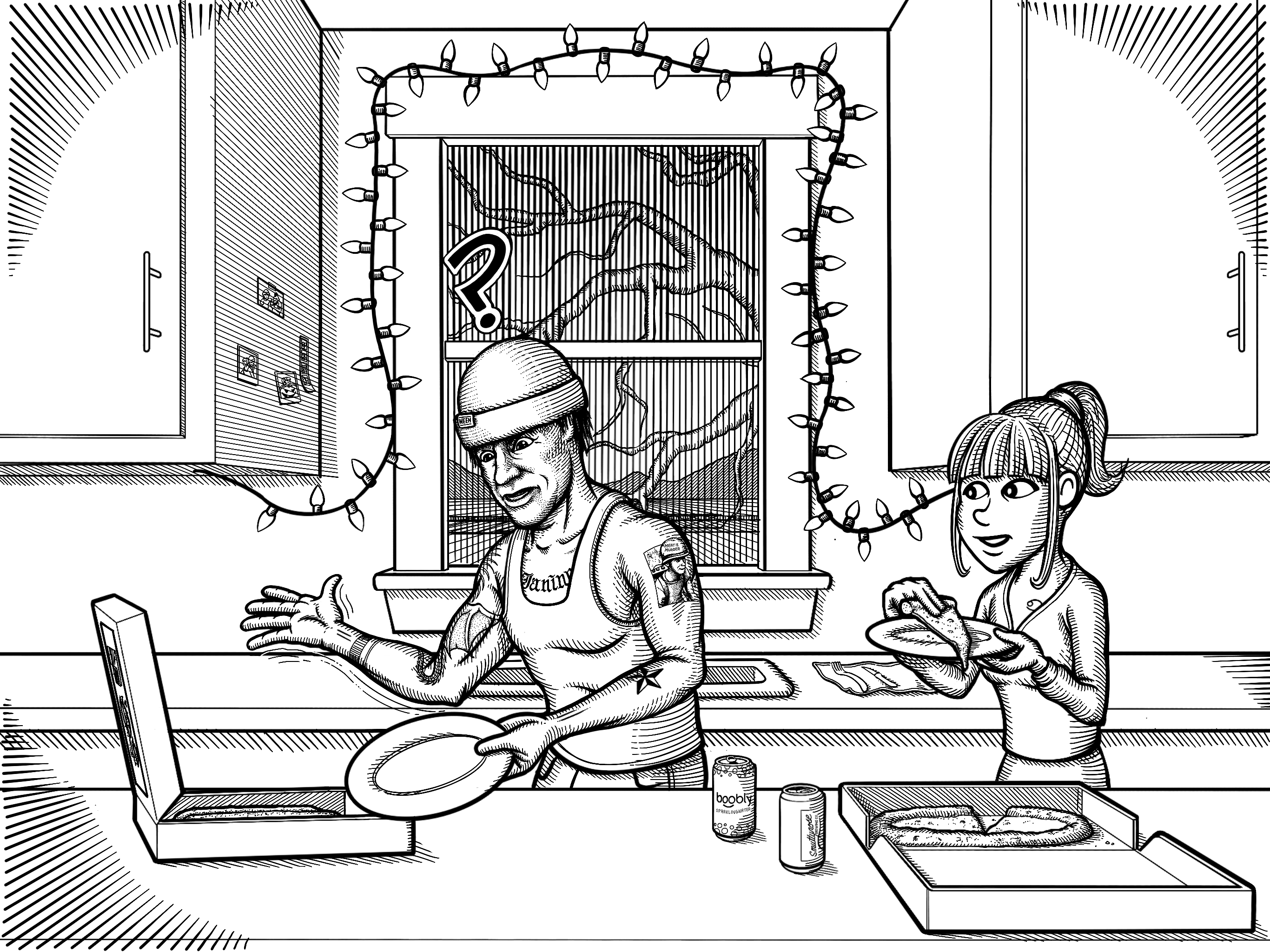 The tattooed man in a beanie opens the one of the pizza boxes and has a shocked expression on his face. His girlfriend looks inquisitively as she holds a plate with a slice of pizza.