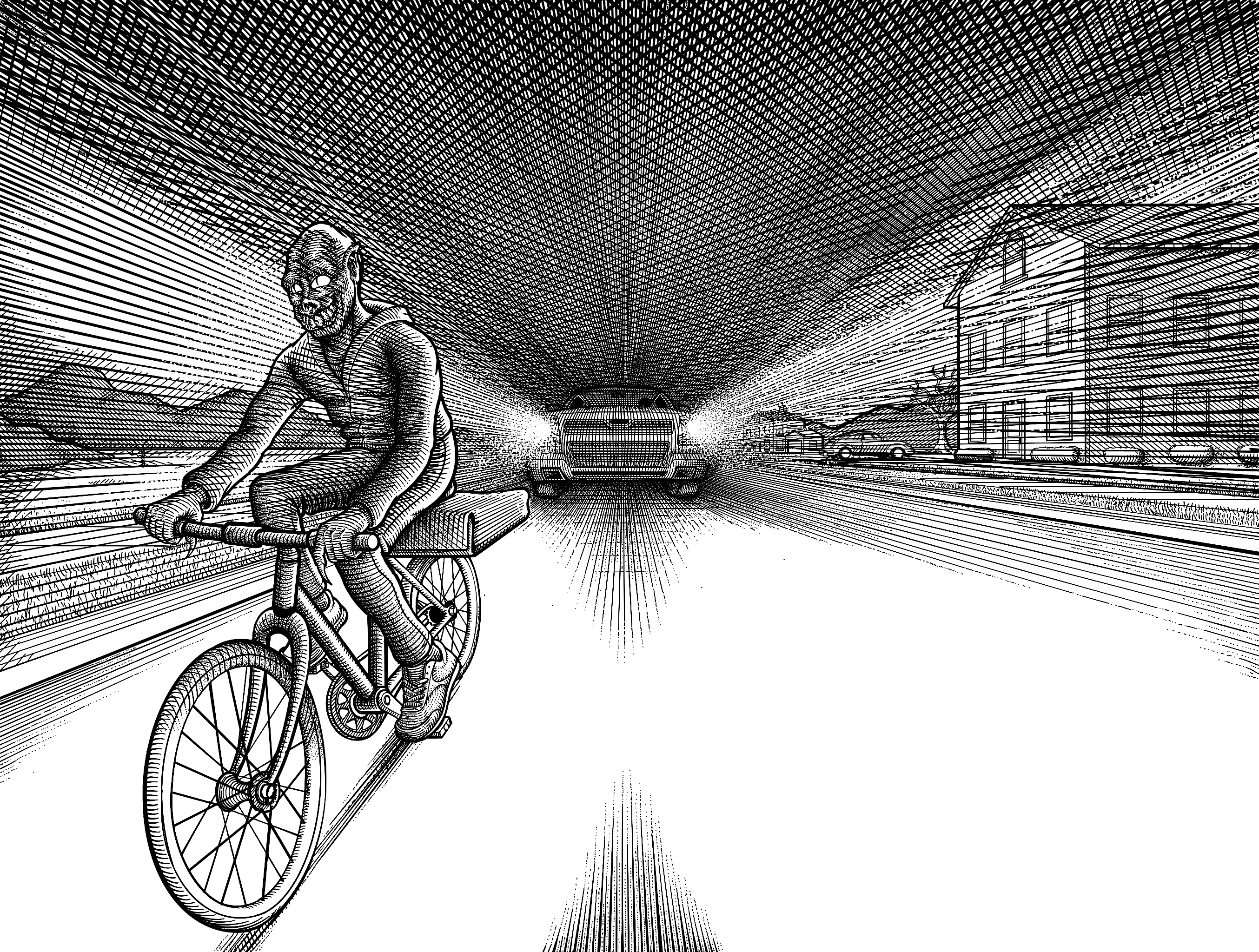 Otho bikes in the dark with a dumb smile on his face. A few residential houses are seen to the right with mountains and plains to the left. A car approaches from behind Otho at speed with bright headlight beams illuminating him.