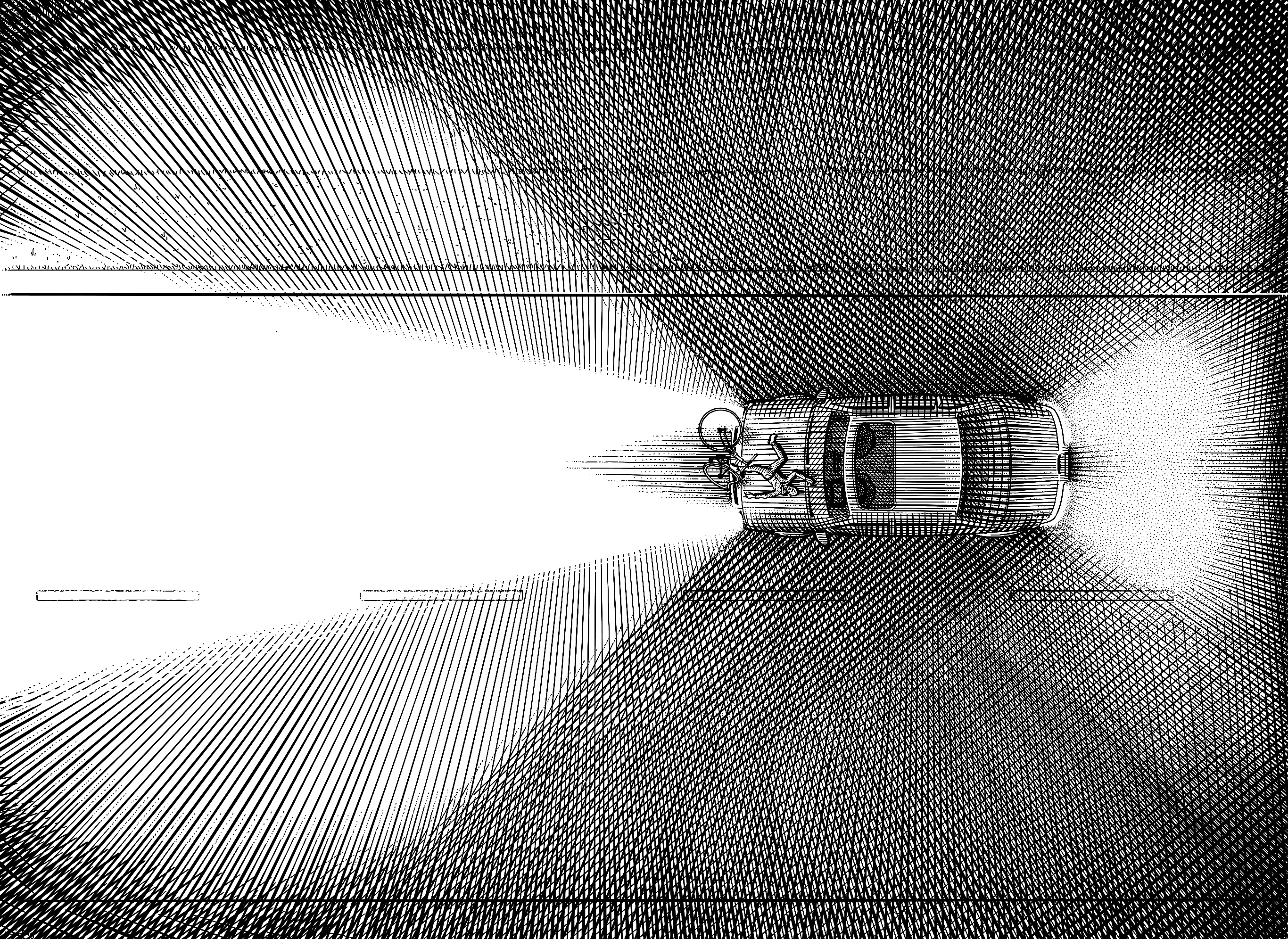 Otho is rammed from behind by the approaching vehicle in the darkness of the night. He flips over the hood as his back tire is crushed. The two bright headlight beams illuminate the dark street.